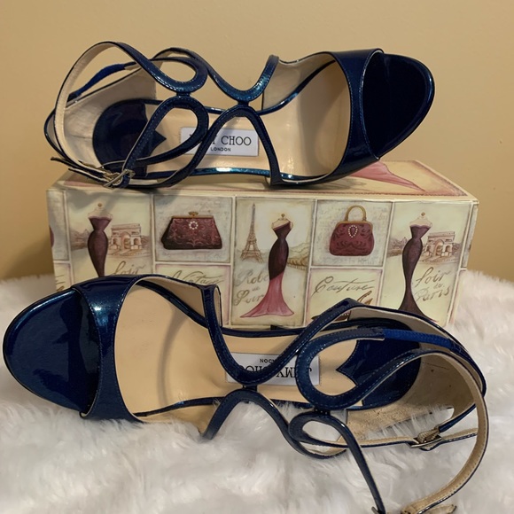Jimmy Choo Shoes - JIMMY CHOO Lang Blue Patent leather stiletto sandals in size 8 ankle straps GUC